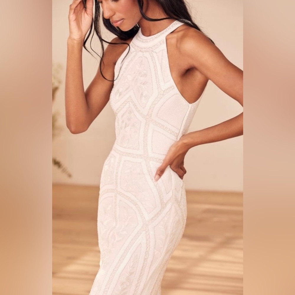 Tell Me Everything White Beaded Sequin Halter Maxi Dress Lulus White S Wedding